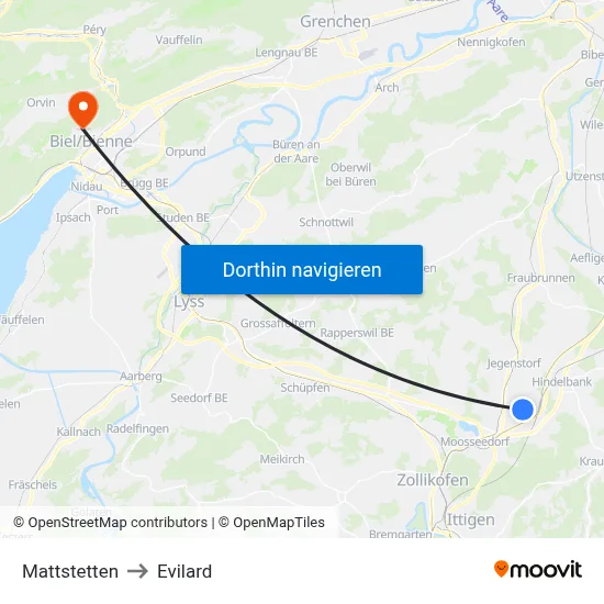 Mattstetten to Evilard map