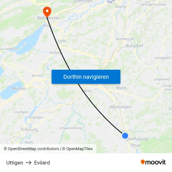 Uttigen to Evilard map