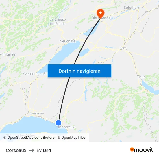 Corseaux to Evilard map