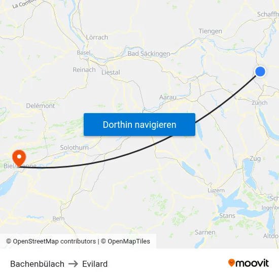 Bachenbülach to Evilard map