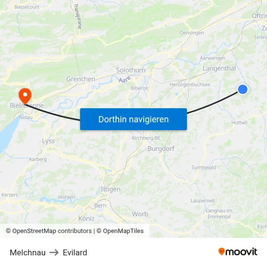 Melchnau to Evilard map