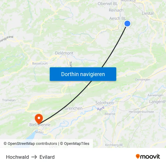 Hochwald to Evilard map