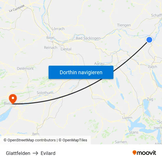 Glattfelden to Evilard map