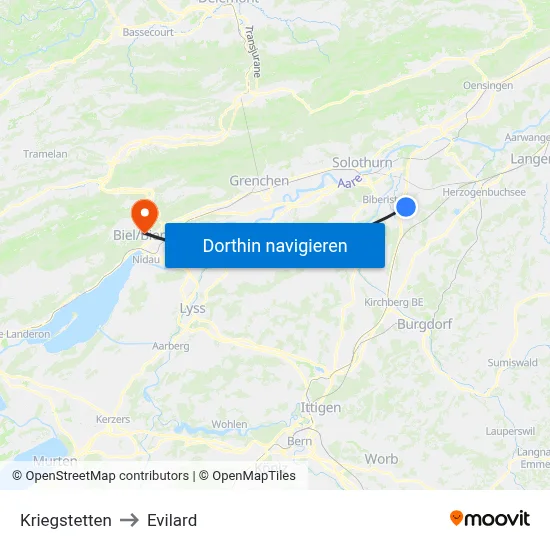 Kriegstetten to Evilard map