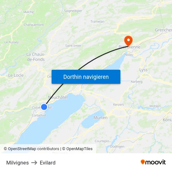Milvignes to Evilard map