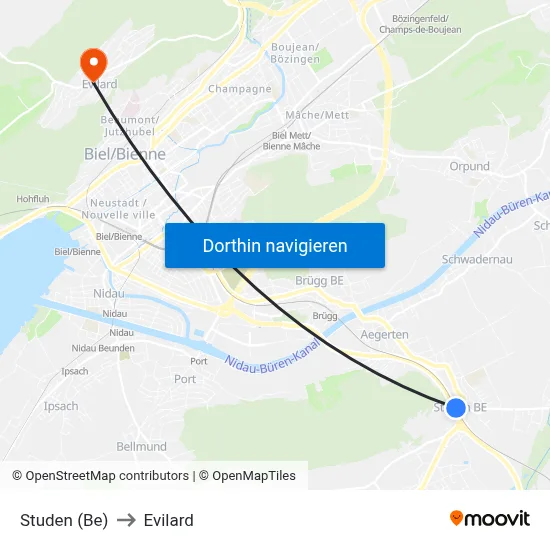 Studen (Be) to Evilard map