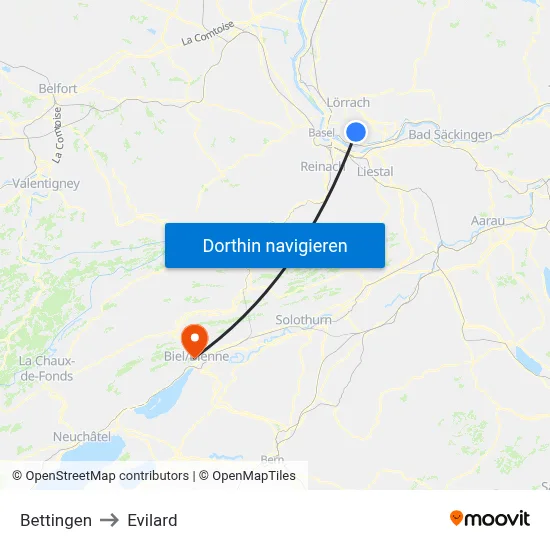 Bettingen to Evilard map