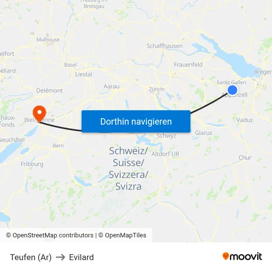 Teufen (Ar) to Evilard map