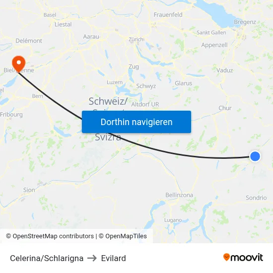 Celerina/Schlarigna to Evilard map