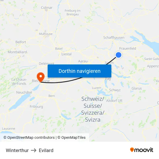 Winterthur to Evilard map