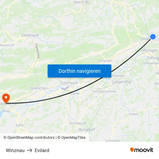 Winznau to Evilard map
