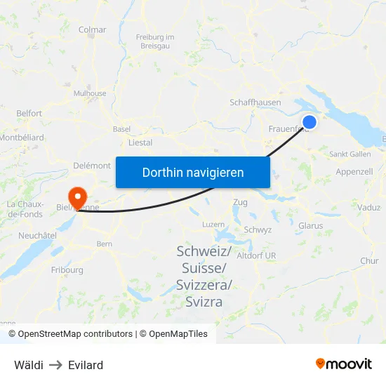 Wäldi to Evilard map