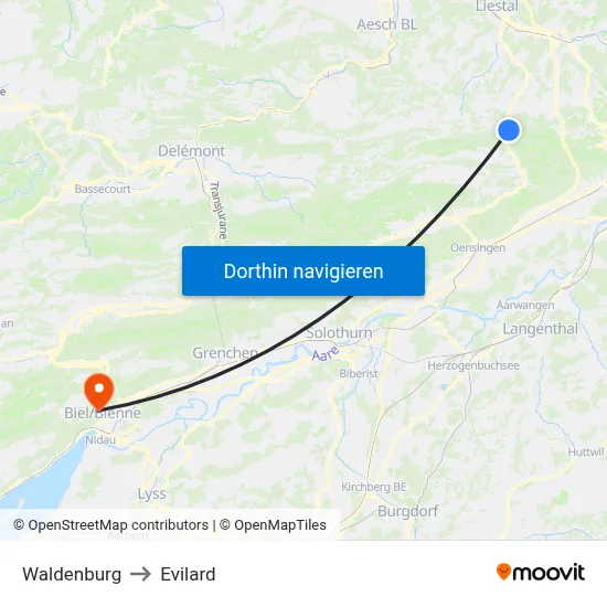 Waldenburg to Evilard map