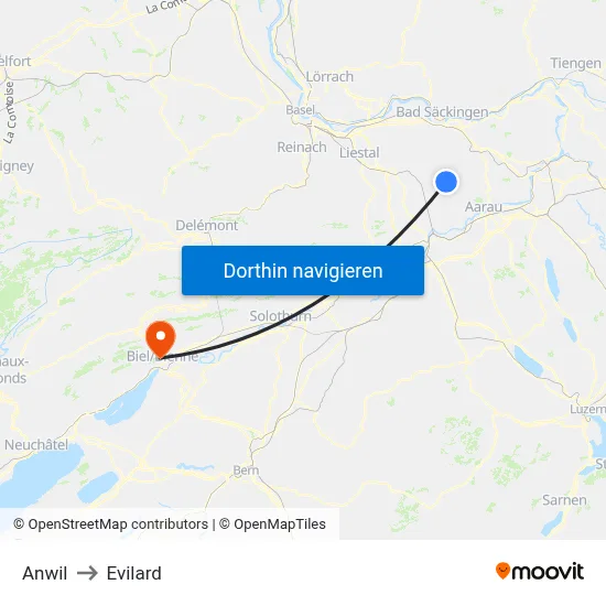 Anwil to Evilard map