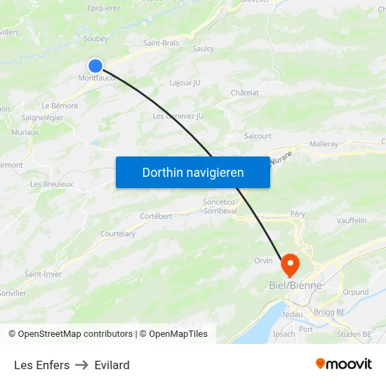 Les Enfers to Evilard map