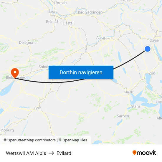 Wettswil AM Albis to Evilard map