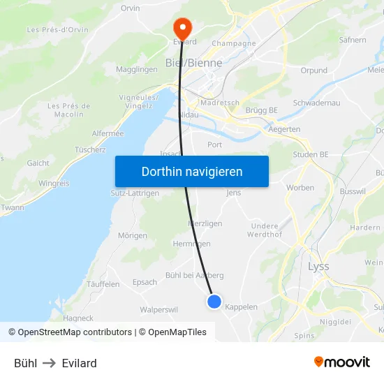 Bühl to Evilard map