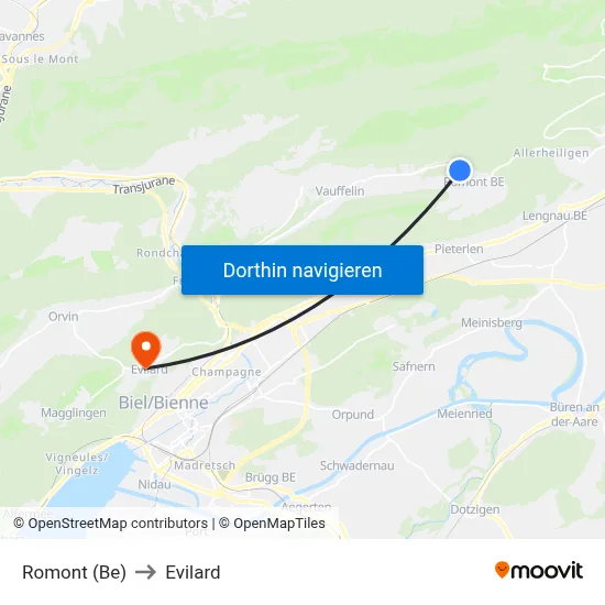 Romont (Be) to Evilard map