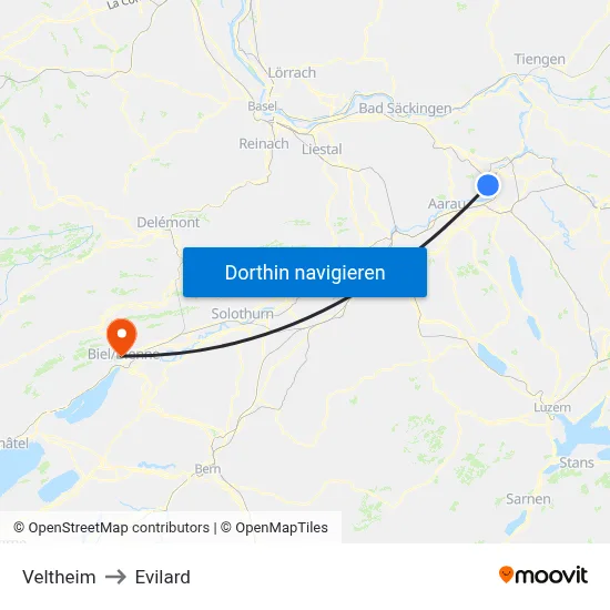 Veltheim to Evilard map