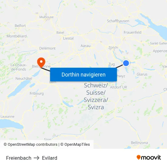 Freienbach to Evilard map