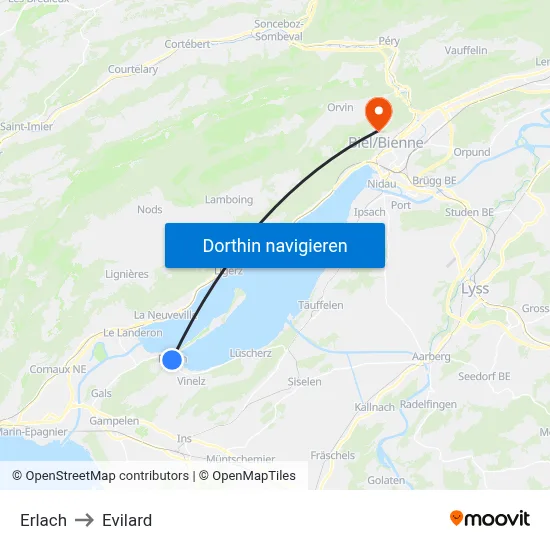 Erlach to Evilard map