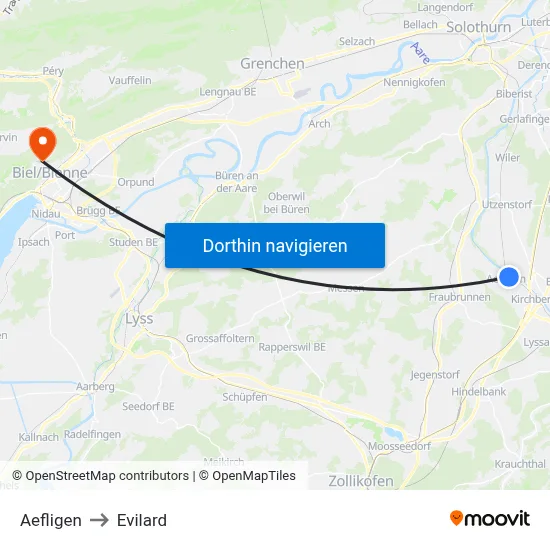 Aefligen to Evilard map