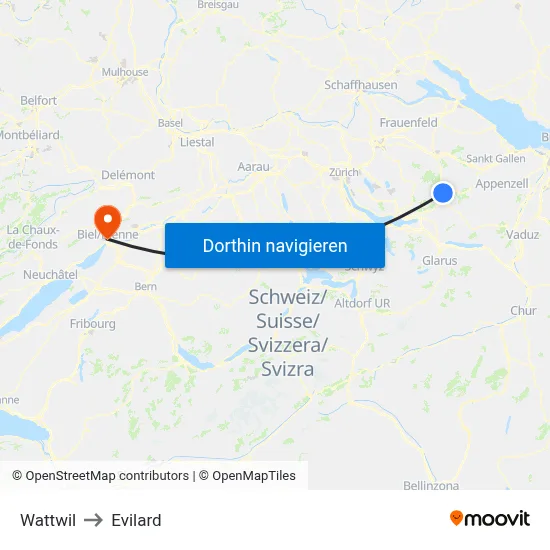 Wattwil to Evilard map