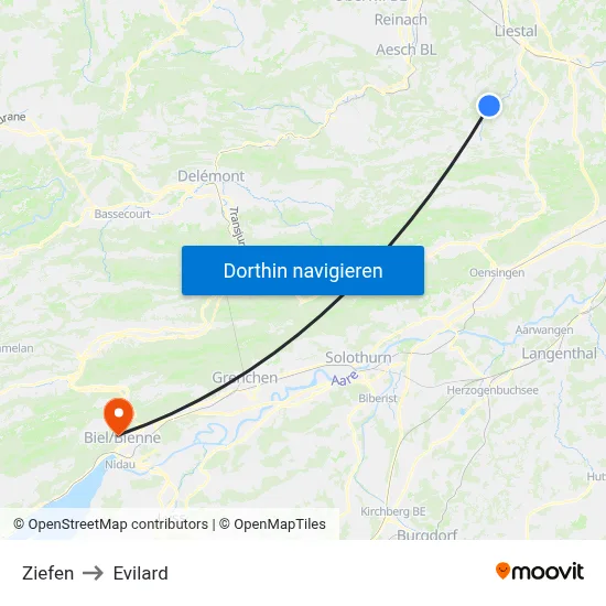 Ziefen to Evilard map