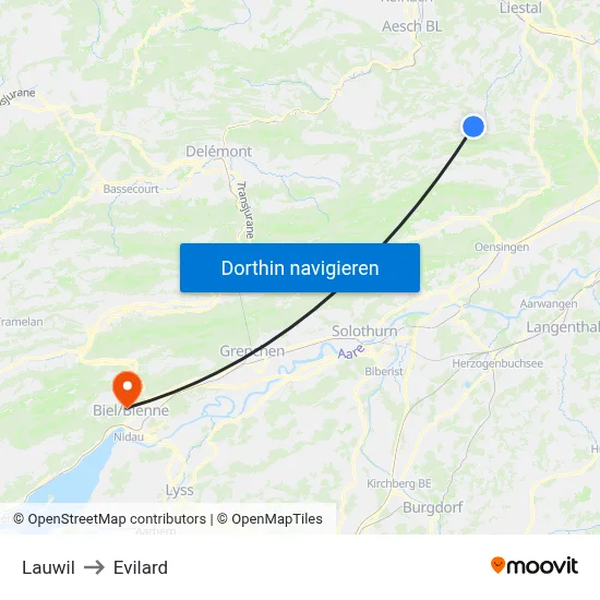 Lauwil to Evilard map
