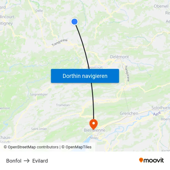 Bonfol to Evilard map