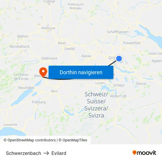 Schwerzenbach to Evilard map