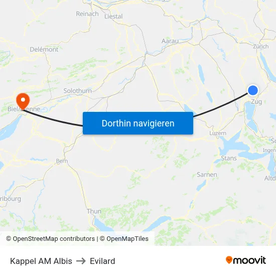 Kappel AM Albis to Evilard map