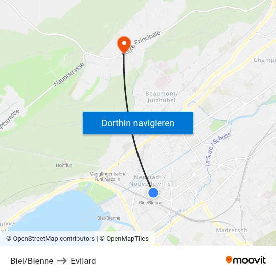 Biel/Bienne to Evilard map