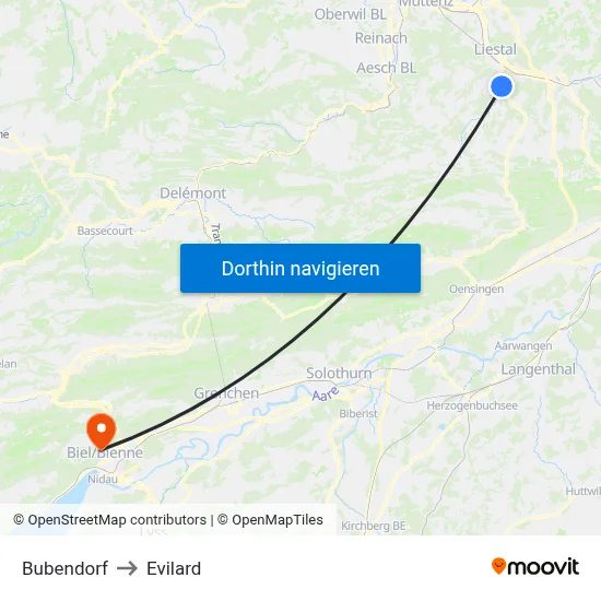 Bubendorf to Evilard map