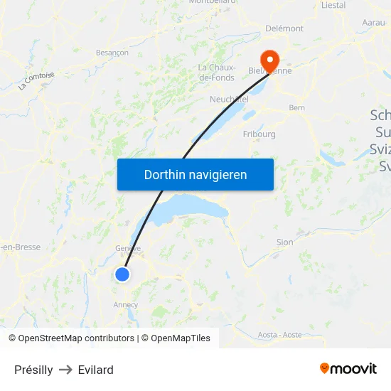 Présilly to Evilard map