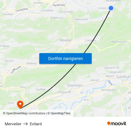 Mervelier to Evilard map