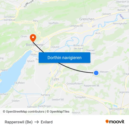 Rapperswil (Be) to Evilard map