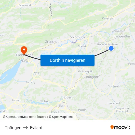 Thörigen to Evilard map