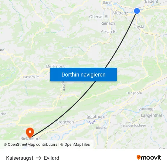 Kaiseraugst to Evilard map