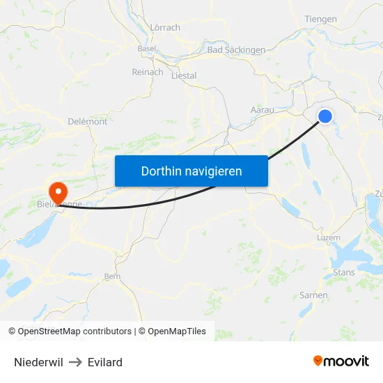 Niederwil to Evilard map