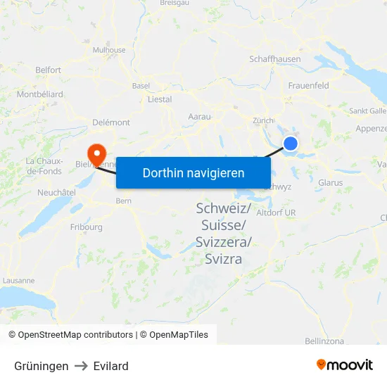 Grüningen to Evilard map