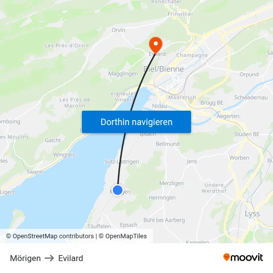 Mörigen to Evilard map