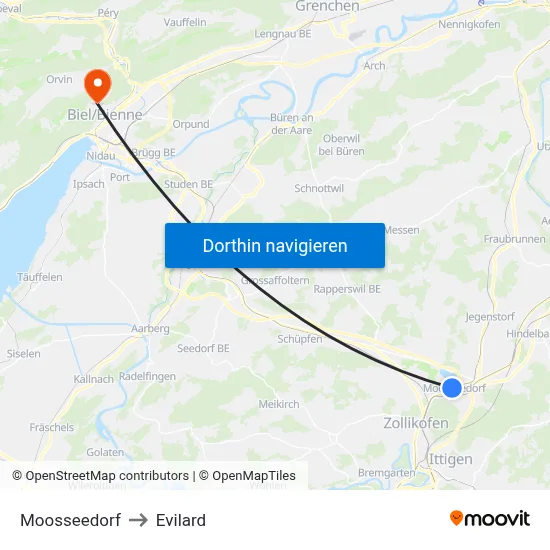 Moosseedorf to Evilard map