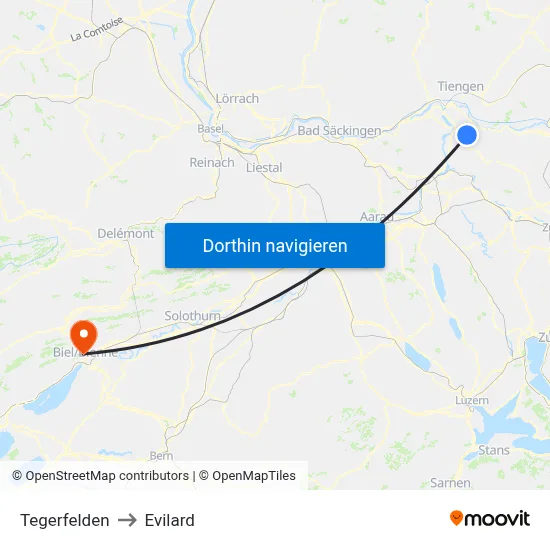Tegerfelden to Evilard map