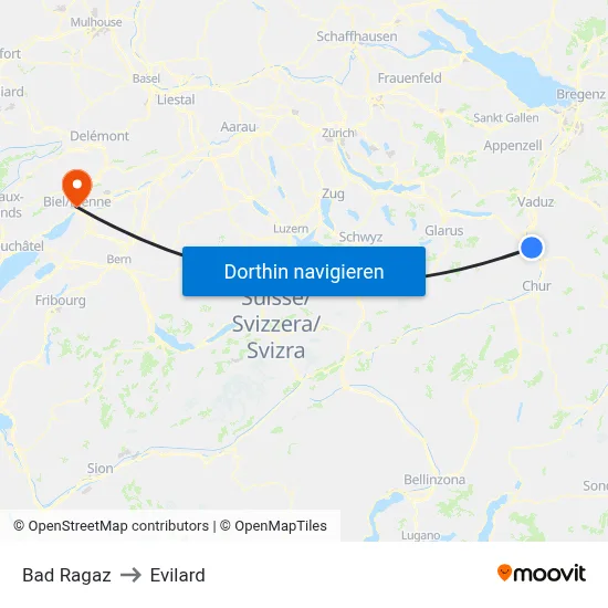 Bad Ragaz to Evilard map