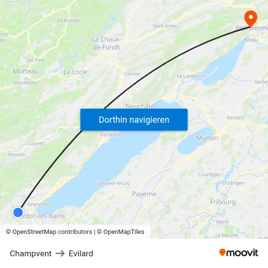 Champvent to Evilard map