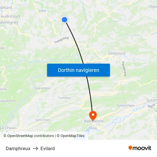 Damphreux to Evilard map