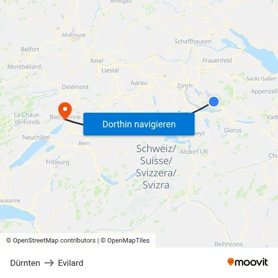 Dürnten to Evilard map