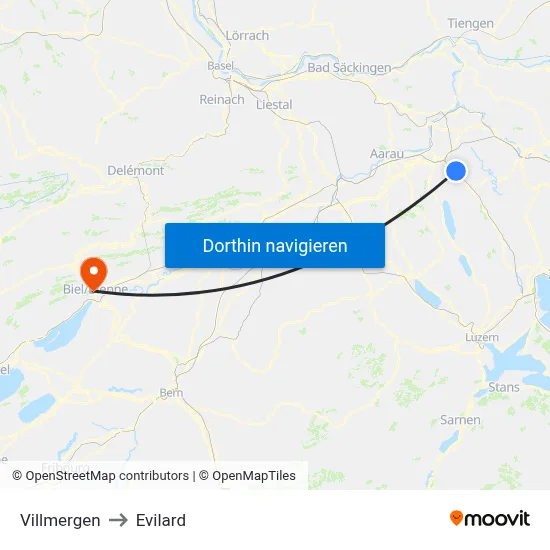 Villmergen to Evilard map