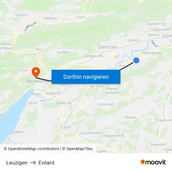 Leuzigen to Evilard map
